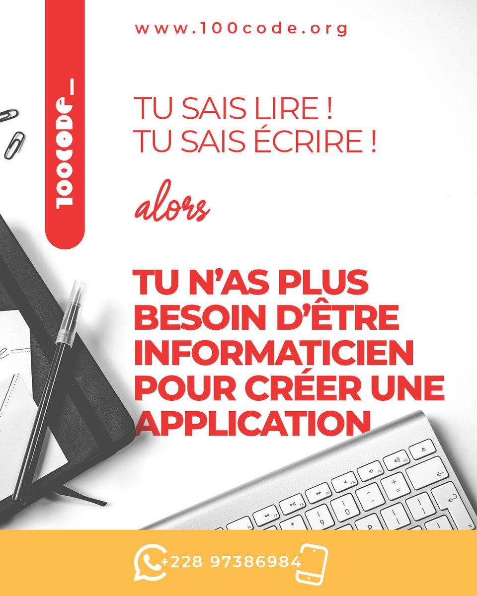 100_code's tweet image. Si tu sais lire et écrire alors tu n'as plus besoin d'être informaticien pour créer une application mon ami(e)
100code.org
#100code #coding #application #app #applicationweb #apllicationmobile #afrique #mondial #reussite #togo #niger #cotedivoire #burkina #benin
