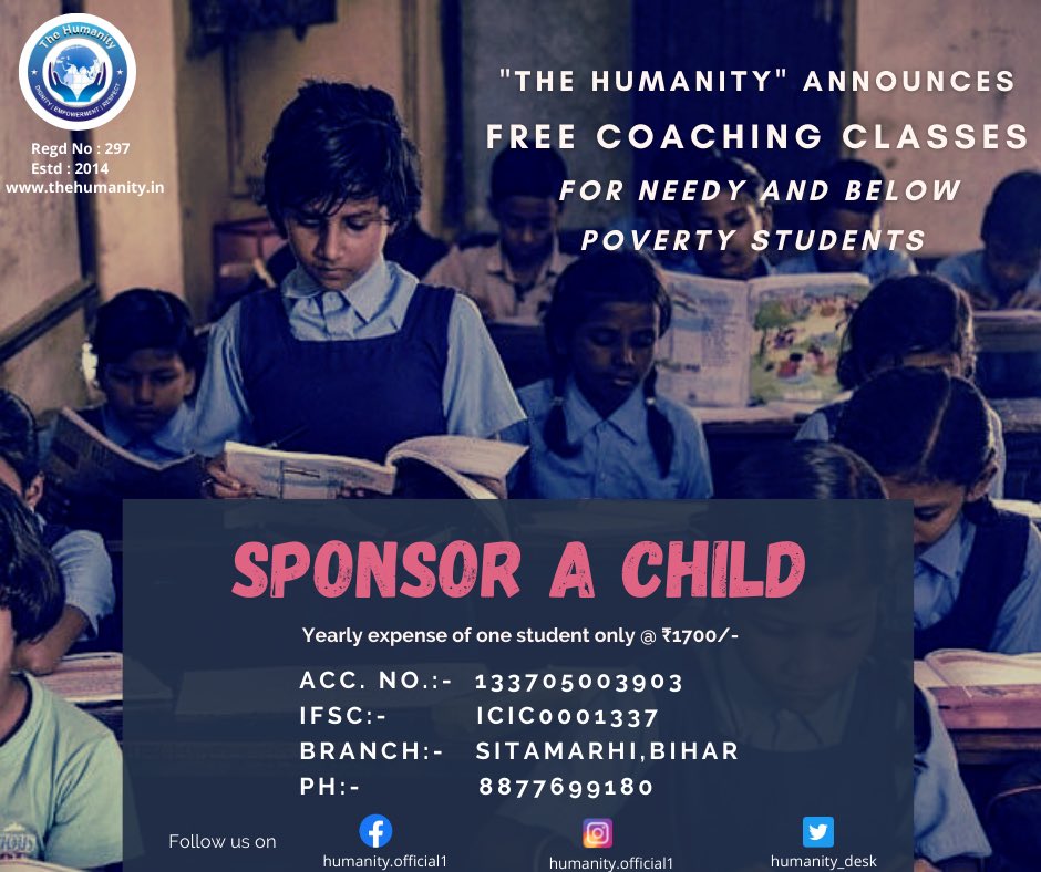 humanity_desk's tweet photo. Sponsor a child for a year @1700 The Humanity announces to provide free coaching classes for needy &amp; below poverty children in Muzaffarpur, Bihar 

#EducationForAll #Child #BeARealHero #poor 
@SonuSood @drkafeelkhan @shadabmoizee @tauseef028 https://t.co/XKyy4nOSh0