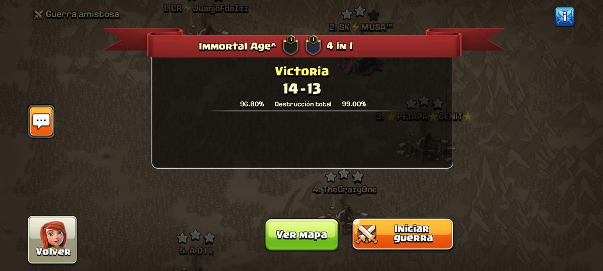 Primer victoria en La Pollo Cup vs <a href="/4in1_COC/">4 in 1</a>  
¡Muy buena war!  💥💥  
Muchas gracias por el directo <a href="/MarielZ2010/">MᥲrιᥱᥣZιm ✨🌺✨</a>   

Jugadores: 
👤 <a href="/fer_iA03/">Fernando iA</a>  
👤 <a href="/Lucas0600_/">Lucas</a>  
👤 <a href="/MatiasCoC_/">Matias iA^</a>  
👤 <a href="/LARRA_coc/">LARRA_IA</a>