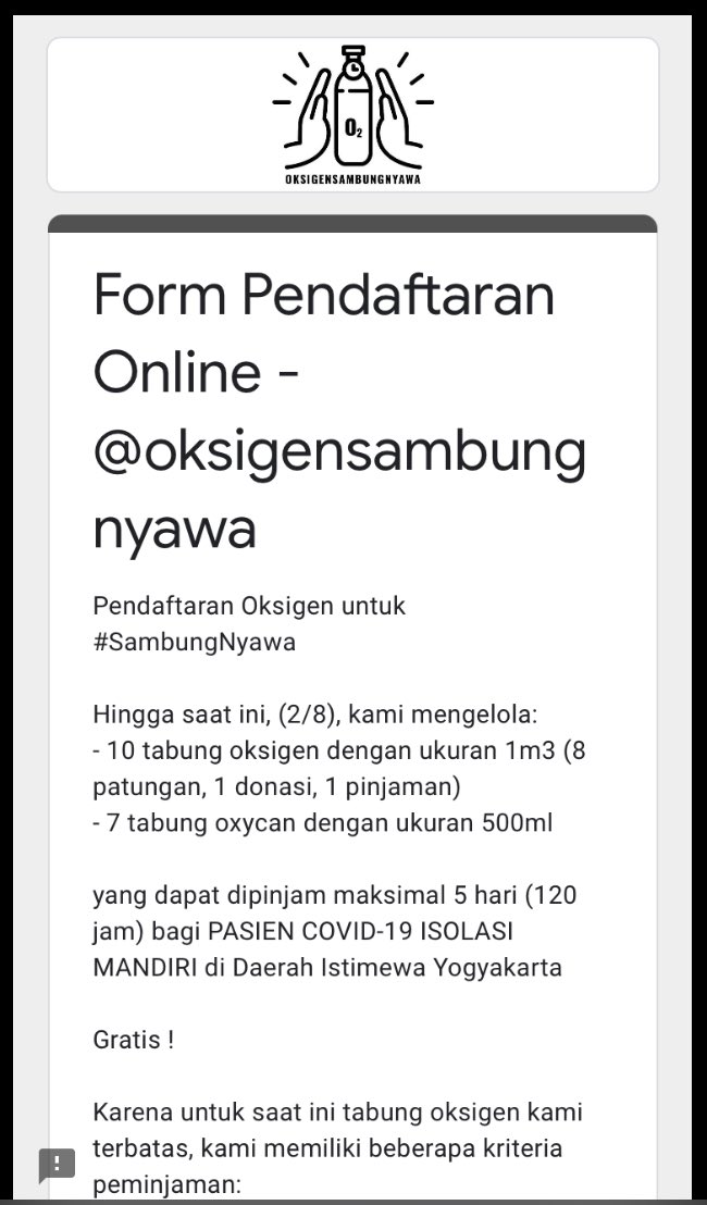 O2SambungNyawa's tweet photo. GRATIS, peminjaman #oksigensambungnyawa selama 5 Hari, tabung oksigen 1m3 beserta isi &amp; kelengkapannya u/ Pasien Isoman di Yogyakarta

daftar di 👉https://t.co/UkZybBY6Qc
pendaftar akan dihubungi via WA untuk koordinasi lebih lanjut. https://t.co/H0Rqjzfv2M