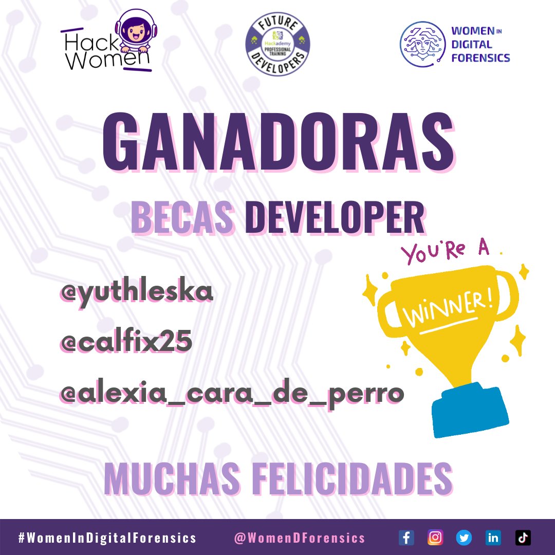 Ya tenemos ganadoras! yeii🥳
@yuthleska  @calfix25  y @alexia_cara_de_perro 
Gracias a todas por participar, tendremos más sorpresas, estén atentas!😉
Gracias <a href="/hack_women/">Hack.Women</a> por esta grandiosa iniciativa!
#womenindigitalforensics #análisisforensedigital #digitalforensics #developer
