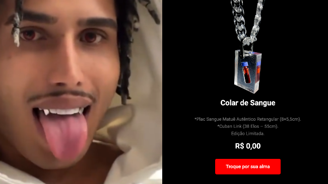 RapMais's tweet photo. Matuê está vendendo corrente com próprio sangue em troca da alma de fãs - https://t.co/H6JgLR0lln https://t.co/V3MGW1PZOX