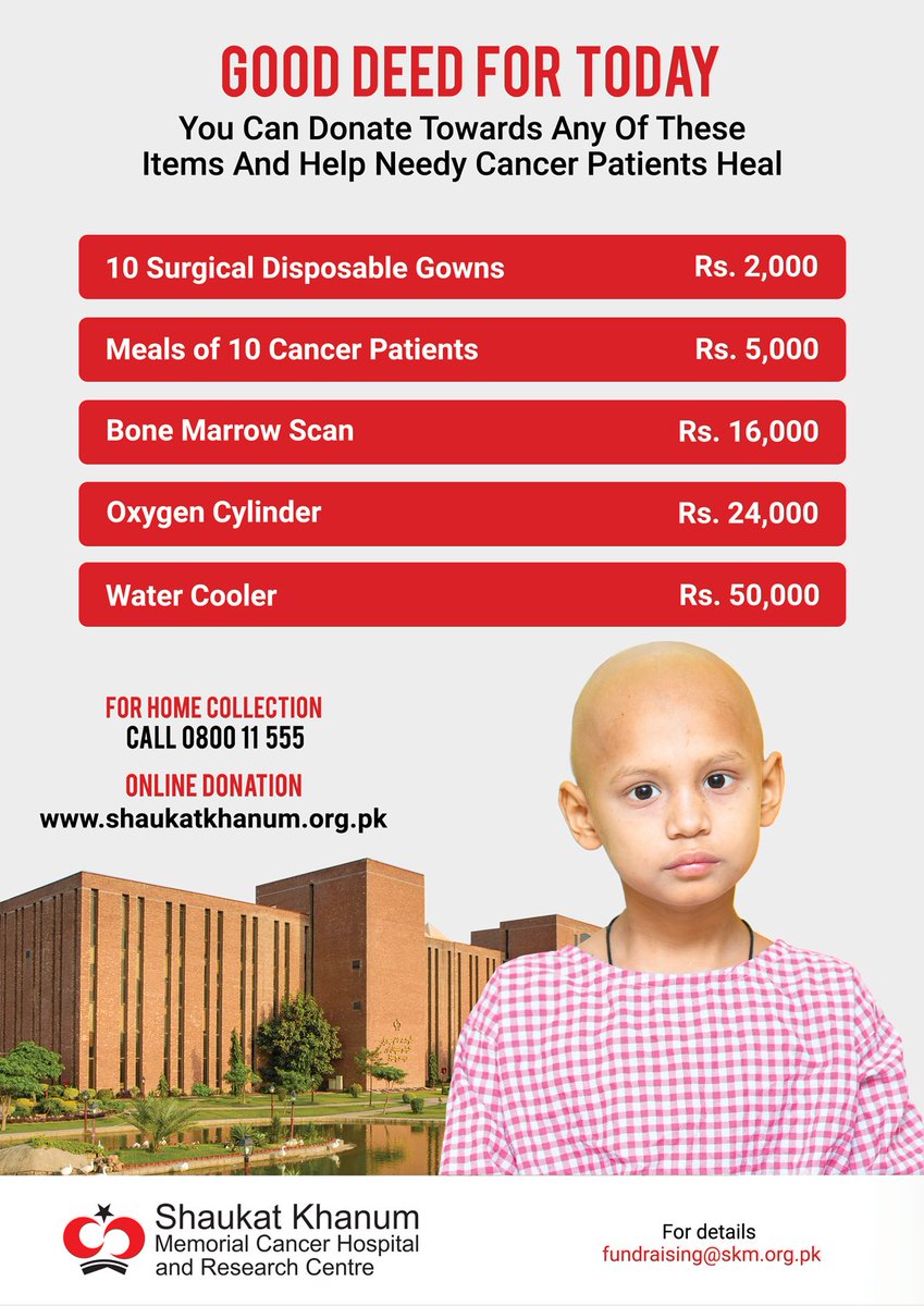 SKMCH's tweet photo. GOOD DEED FOR TODAY
You can donate towards any of the items and help needy cancer patients heal.
Donate online 👉 https://t.co/avUh62cXH6
For home collection 📞 080011555
For details ✉️ fundraising@skm.org.pk
#GoodDeedForToday #SKMCH https://t.co/ocWye6anGd