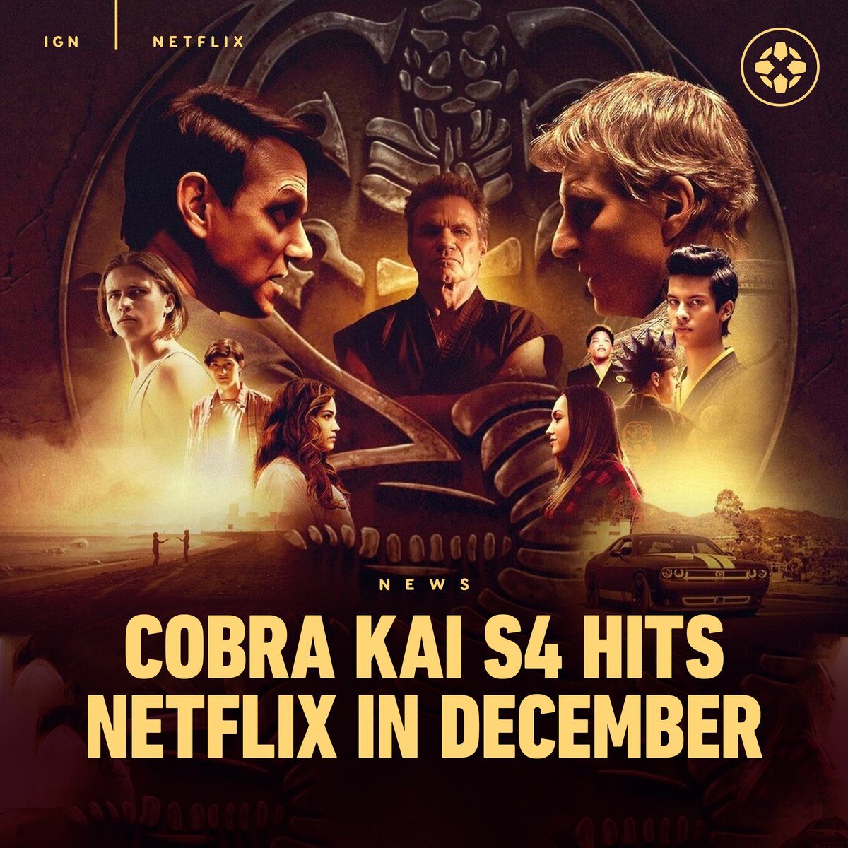 IGN's tweet photo. The All Valley Karate Tournament is back! Find out who will win the "soul of the valley" this December, when Cobra Kai Season 4 hits Netflix. https://t.co/YUJoYXCQiN