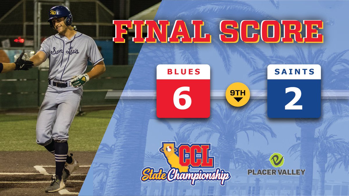 FINAL @SLO_BluesCCL defeat the @ArroyoSecoCCL and advance to the finals tomorrow night! The Saints will play against the @PrunePackers tomorrow at noon. #CCLBaseball // @PlacerTourism