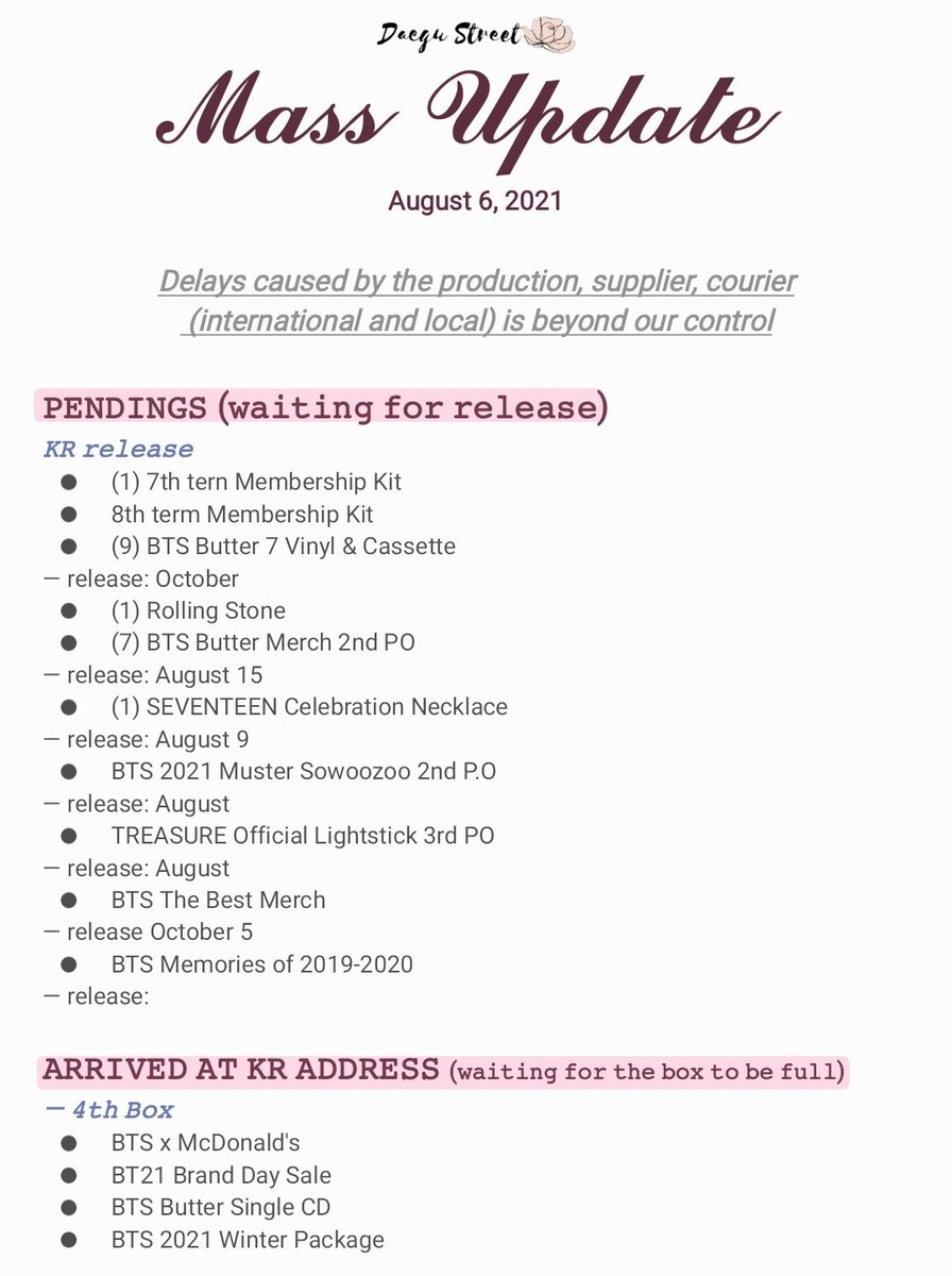 DAEGU_STREET's tweet photo. 📆 Status of all pending orders as of August 6, 2021

If we miss anything and if you have questions, please don't hesitate to message us. Thank you for your patience ~

 [ #DaeguStUpdate ] https://t.co/r22Um9Qmn2