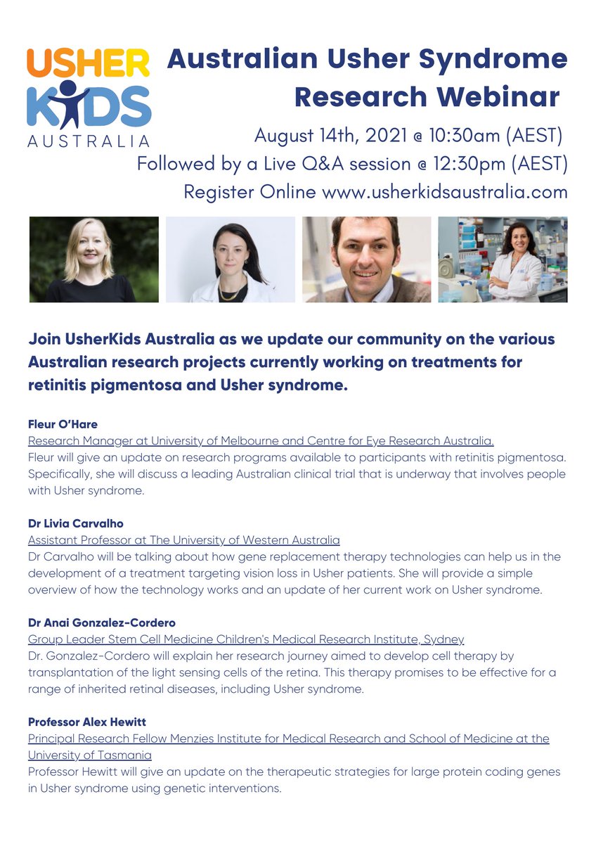 Join us on 14th Aug at 10:30am (AEST) as we provide a research update on currently projects in Aus to treat RP and Usher syndrome, followed by a live Q&amp;A at 12:30pm with Fleur O’Hare, Dr Anai Gonzalez-Cordero, Professor Alex Hewitt 

Register online usherkidsaustralia.com