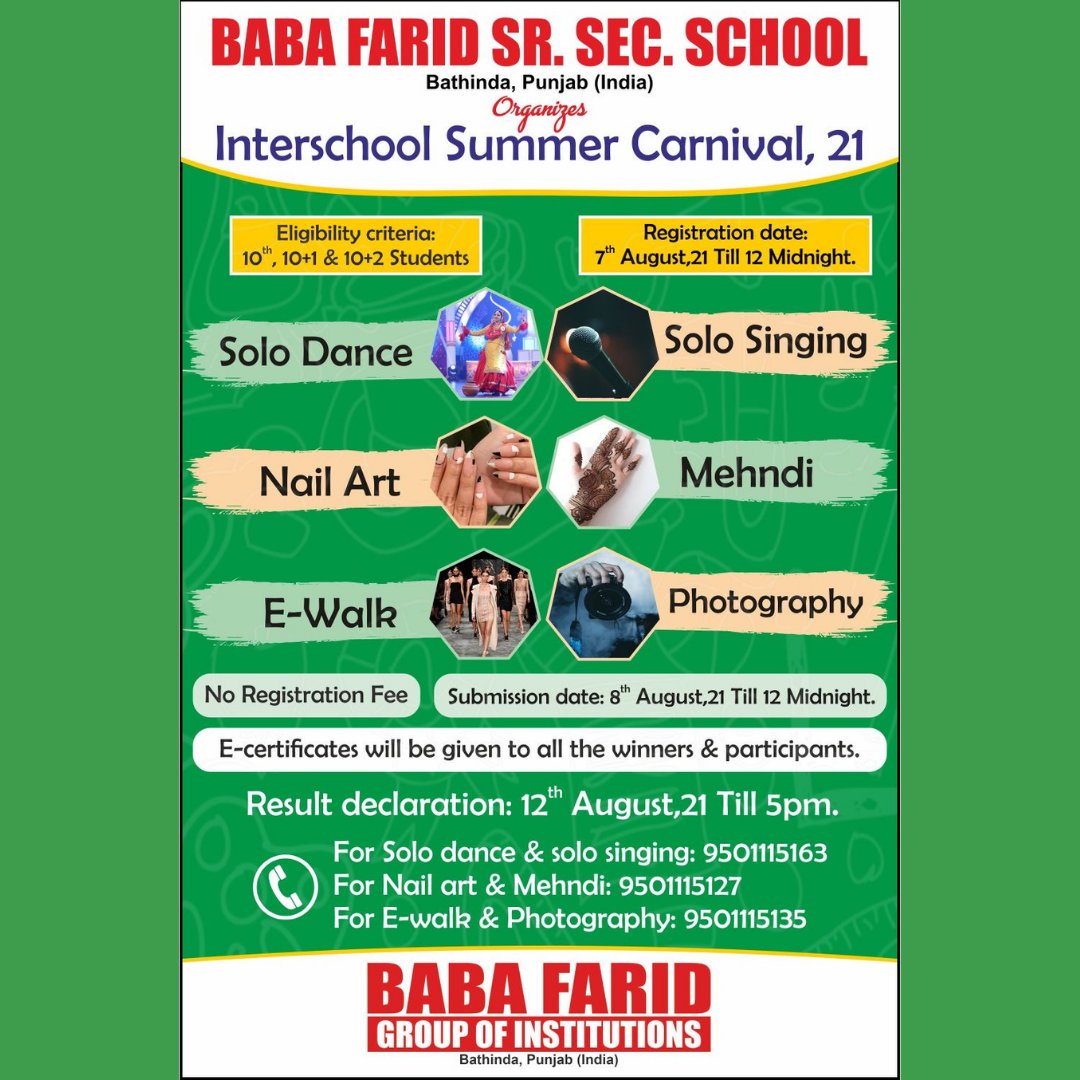 BabaFaridGroup's tweet photo. 💻Registration Link: https://t.co/1VysOYL7T0
💻Submission Link: https://t.co/f5FAosrxlO
✅Last Date of Registration: 7th Aug till midnight
#BFGI #BFSSS #SummerCarnival #Games #Singing #Dancing #NailArt #Photography #Modelling #Mehndi https://t.co/iqTa7q3pdq