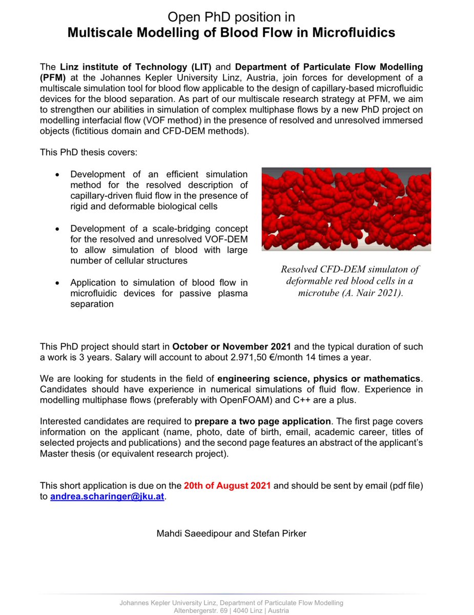 MahdiSaeedipour's tweet photo. We have an open #PhDposition in "Multiscale Modelling of #Blood_Flow in #Microfluidics" at Department of Particulate Flow Modelling @jkulinz. Please spread the word among potential applicants who would like to pursue a PhD in #Austria .For inquiries you could contact me. #hiring https://t.co/Pfu5owKyjF
