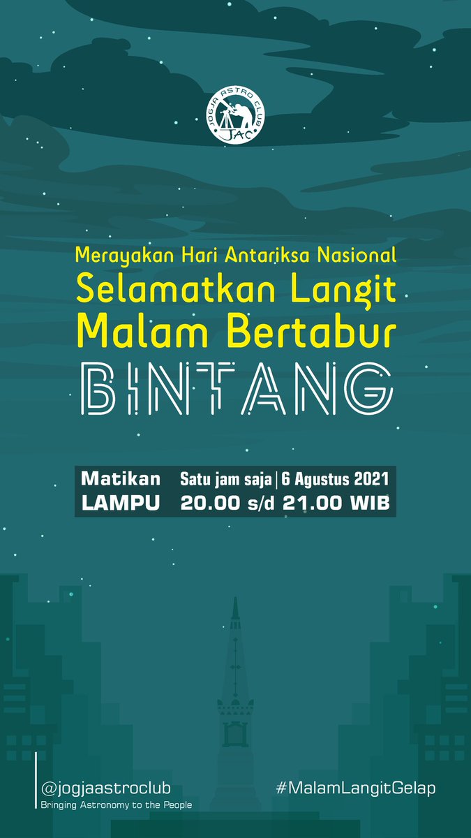 JogjaAstroClub's tweet photo. Jangan lupa untuk menikmati langit malam ini ya gaes dengan mematikan lampu selama sejam. Selamat Hari Antariksa, Salam Langit Gelap 👋🏽
#JogjaAstroClub #AstronomiJogja #HariAntariksa #MatikanLampu #SalamLangitGelap https://t.co/1FKb69QVnN