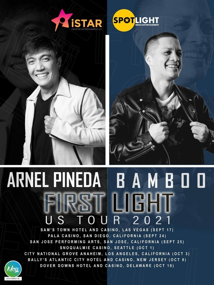 FIRST LIGHT US 2021 TOUR! ARNEL PINEDA x BAMBOO For tickets and details in LAS VEGAS, SAN JOSE and SEATTLE ☎️ (949) 413-7006 For tickets and details in SAN DIEGO, LOS ANGELES, ATLANTIC CITY and DELAWARE ☎️ (562) 832-4959 #FIRSTLIGHT2021USTOUR @arnelpineda @Bamboomusiclive