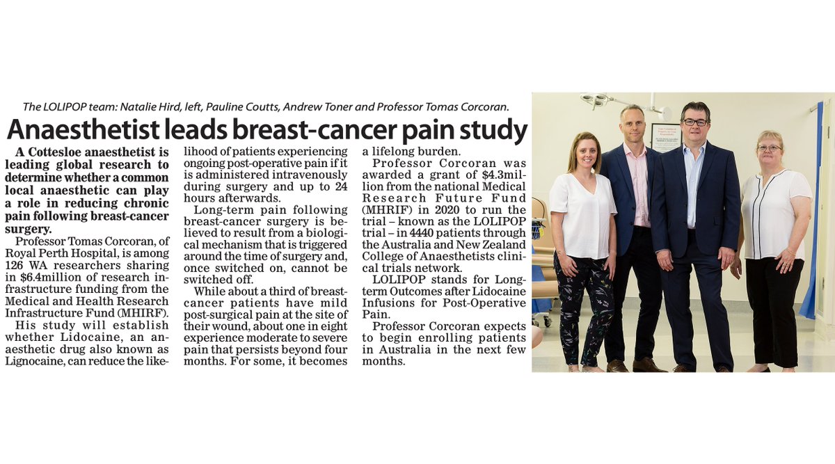 @LOLIPOP_Trial (@lolipoptrial) on Twitter photo The <a href="/LolipopTrial/">@LOLIPOP_Trial</a> team featured in the local newspaper today (WA Post Newspaper) raising awareness about the importance of reducing the risk of long-term pain after breast cancer surgery! <a href="/pcoutts12/">pcoutts</a> <a href="/hird_natalie/">Natalie Hird</a> <a href="/Tomundoc/">Tomas Corcoran</a> and Dr Andrew Toner! I hope you're enjoying #CTN21 <a href="/ANZCA/">ANZCA</a> The <a href="/LolipopTrial/">@LOLIPOP_Trial</a> team featured in the local newspaper today (WA Post Newspaper) raising awareness about the importance of reducing the risk of long-term pain after breast cancer surgery! <a href="/pcoutts12/">pcoutts</a> <a href="/hird_natalie/">Natalie Hird</a> <a href="/Tomundoc/">Tomas Corcoran</a> and Dr Andrew Toner! I hope you're enjoying #CTN21 <a href="/ANZCA/">ANZCA</a>