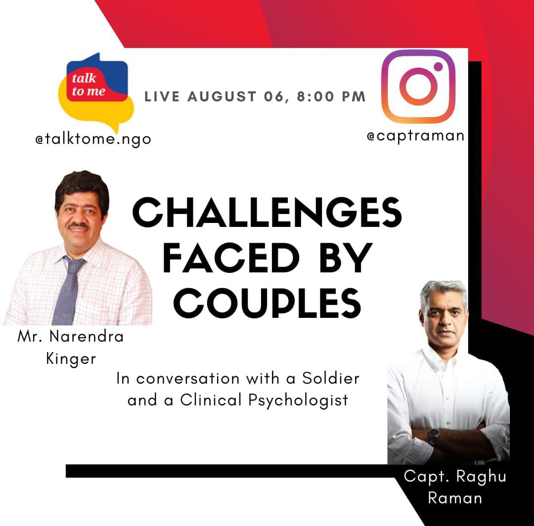 Join me this evening @ 8 pm in conversation with Mr. Narendra Kinger on how the changing world and the pandemic has led to increase in issues faced by couples in their relationships and ways to deal with them.
 Instagram-Live -
bit.ly/ttmngo

#sendyourquestions