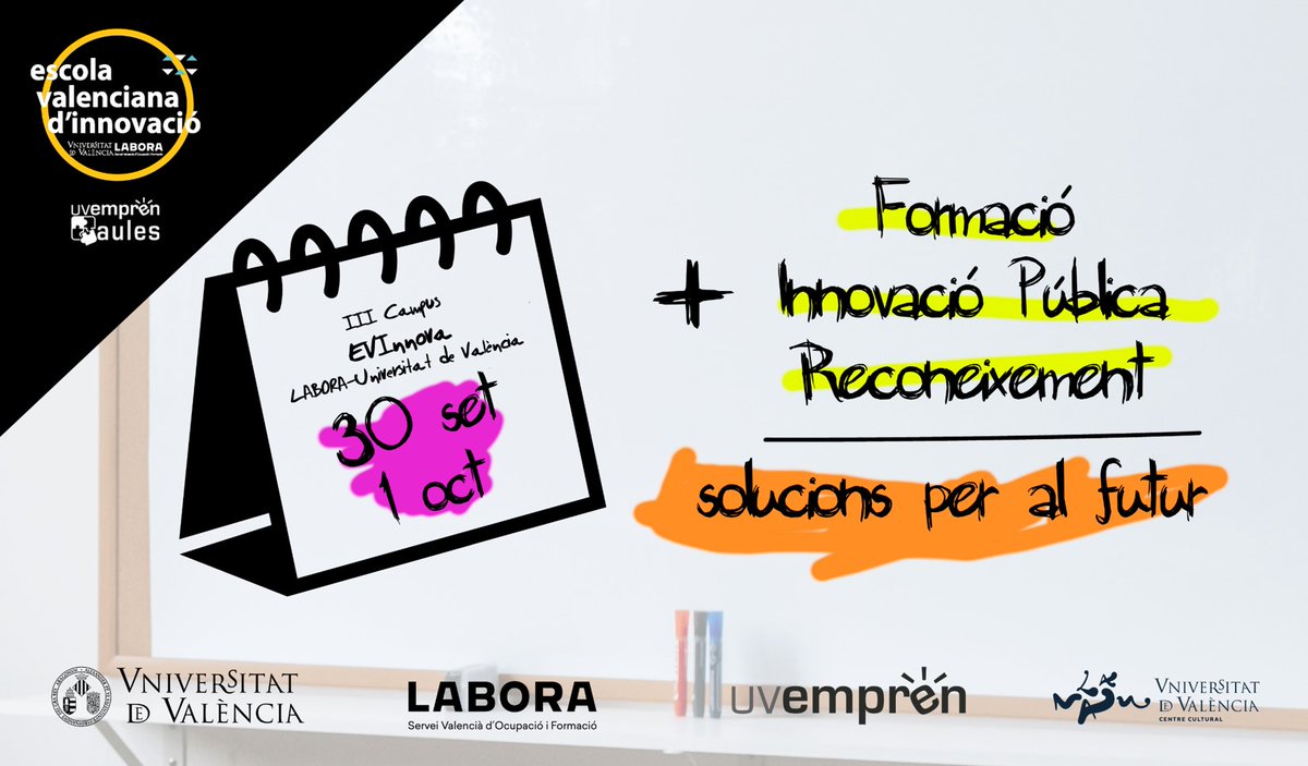 UVstartup's tweet photo. 📅 III Campus #EVInnovaLaboraUV:
Els propers 30/09 i 1/10 @LaNauuv acollirà el  III Campus de l'Escola Valenciana d'Innovació @GVAlabora @UV_EG. 
Reflexionarem sobre com podem incorporar la innovació pública als nostres serveis públics de Formació Professional per a l'Ocupació. https://t.co/yoeRxmvCNV