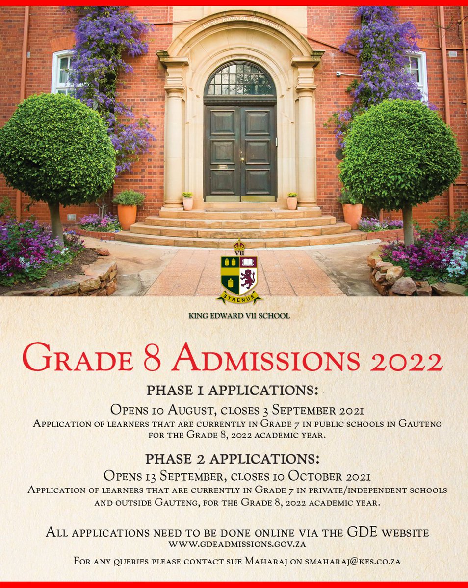 KingEdVIISchool's tweet photo. Grade 8 Admissions 2022 Opens Tuesday 10 August 2021
Phase 1 opens 10 August 2021
Phase 2 opens 13 September 2021
#redexcellence #GDEAdmissions https://t.co/jiilPlQ2mR