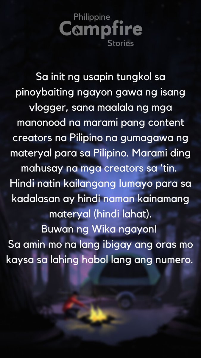 campfirestoryph's tweet photo. Ang podcast na Philippine Campfire Stories ay isang proudly Filipino made content para sa inyo. Hindi mo kailangan ang isang banyaga na mag "react" para dito. 🤭 #pinoybaiting https://t.co/3pldDFyN5C