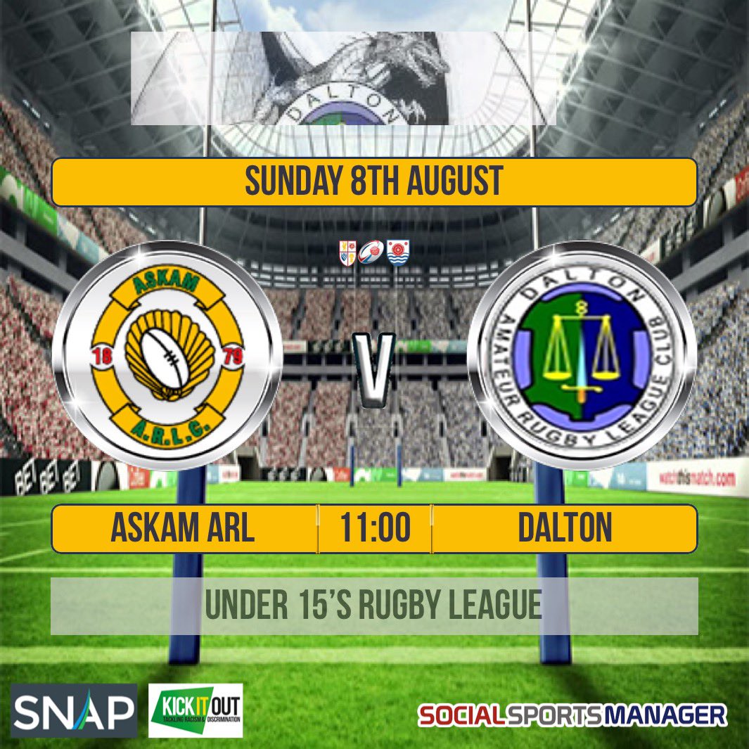 Big game this weekend with our under 15’s talented Dalton ARLFC team. Get down to watch this local Derby as the lads push for the league title in the North West Counties Clash. <a href="/DaltonRugby/">Dalton ARLFC</a> <a href="/BarrowandDis_RL/">Barrow and District RL</a> <a href="/Askam_ARLFC/">Askam ARLFC</a> <a href="/CandoFM/">Cando FM 106.3FM 107.3FM Online & Smart Speaker</a>