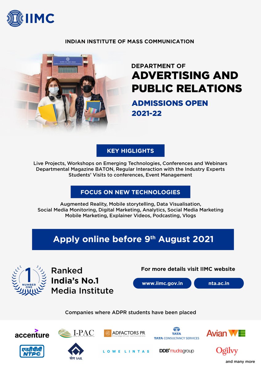 IIMC_India's tweet photo. #IIMC_Admission
Want to explore exciting career opportunities? Join the PG Diploma in #Advertising &amp; #PublicRelations at #IIMC today. For more details about the course, listen to Prof. (Dr.) @AnubhutiYadava, Course Director, AD &amp; PR Dept. New Delhi.
Click: https://t.co/OLIB2Bfe4O https://t.co/urSwusRes5