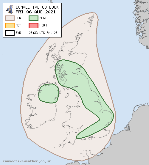 FRI 06 AUG 2021 convectiveweather.co.uk/forecast.php?d… Main hazards will be local surface water flooding, more especially N England / C + S Scotland / Northern Ireland. Hail and gusty winds possible S England to East Anglia