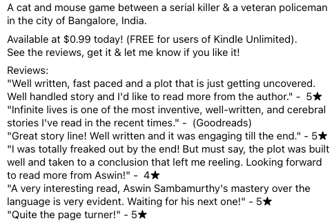 aswinsamba's tweet photo. For those in the US who haven't read my short 40 page story yet, I have put it on that kindle promo for $0.99 today (FREE on Kindle Unlimited). Here: https://t.co/2gDRe53ymw

Note that you don't actually need a kindle device to read it. 

More: https://t.co/ynDn0wlZsx