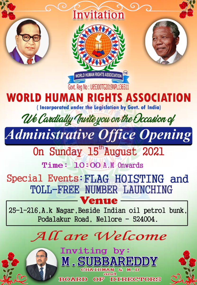 World Human Rights Association administrative office opening , toll free number launching and Flag hoisting on 15th august 2021 in nelllore.