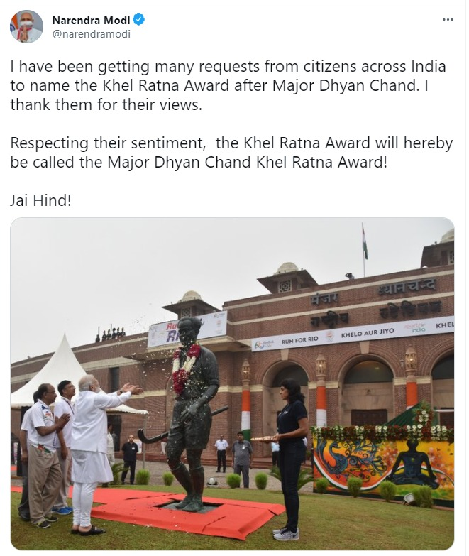 ANI's tweet photo. The Khel Ratna Award will hereby be called the Major Dhyan Chand Khel Ratna Award respecting the sentiments of citizens across the country: PM Modi https://t.co/aJtfRGeMbr
