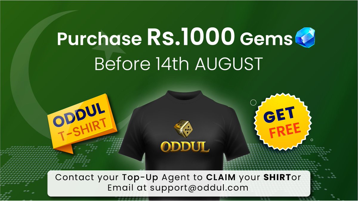 OddulOfficial's tweet photo. Amazing Gift For Oddul Players😍Purchse Gems and Get Oddul T-Shirt🥰Abi Rs.1000 ya us say zayda k gems kharidny par jeetyn Oddul T-Shirt bilkul Free. To waqt zayda kiay bgair 14th August say phly phly humary Top-Up Agent say rabta karyn. 🥳
#oddul #gift #14thaugust #muqab #luddo https://t.co/2S33iPV7v8