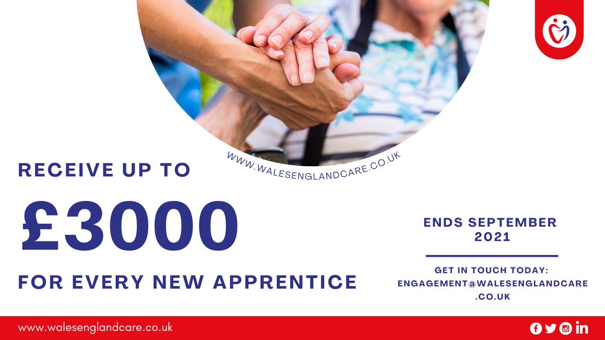 wecareltd's tweet photo. Employers can apply for a payment of £3,000 for new apprentices of  ANY AGE who have an employment start date of 1 April 2021 to 30 September 2021.

ENDS SEPTEMBER 2021. Get in touch today to find out how WE can help YOU. 

#apprenticeships #healthandsocialcare #apprentice https://t.co/JKztvsyFvI