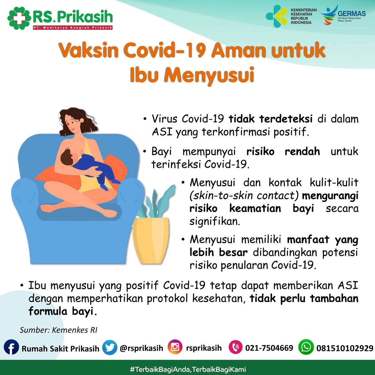 rsprikasih's tweet photo. Selain pada ibu hamil, vaksinasi covid-19 juga sudah bisa diberikan pada ibu menyusi lho Bunda 😊
.
Yuk simak informasinya diatas, tetap semangat mengASIhi ya Bunda 💪🏻
.
Informasi lebih lanjut mengenai RS Prikasih klik link https://t.co/V4QTPRBwga di bio kita ya https://t.co/m22AcFmDFe