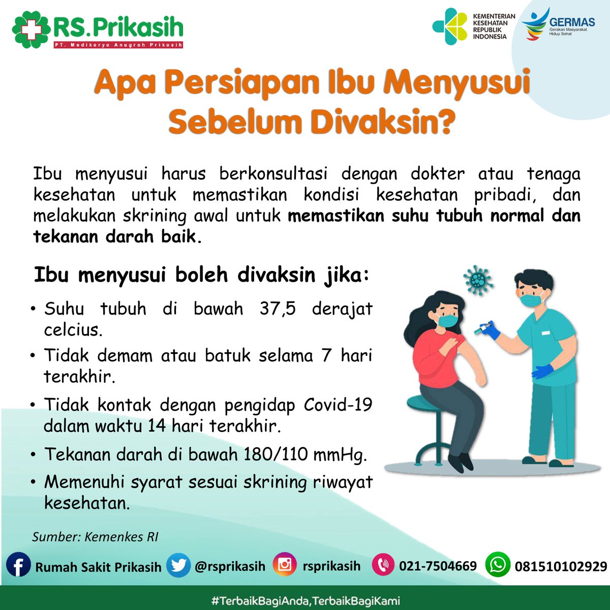 rsprikasih's tweet photo. Selain pada ibu hamil, vaksinasi covid-19 juga sudah bisa diberikan pada ibu menyusi lho Bunda 😊
.
Yuk simak informasinya diatas, tetap semangat mengASIhi ya Bunda 💪🏻
.
Informasi lebih lanjut mengenai RS Prikasih klik link https://t.co/V4QTPRBwga di bio kita ya https://t.co/m22AcFmDFe