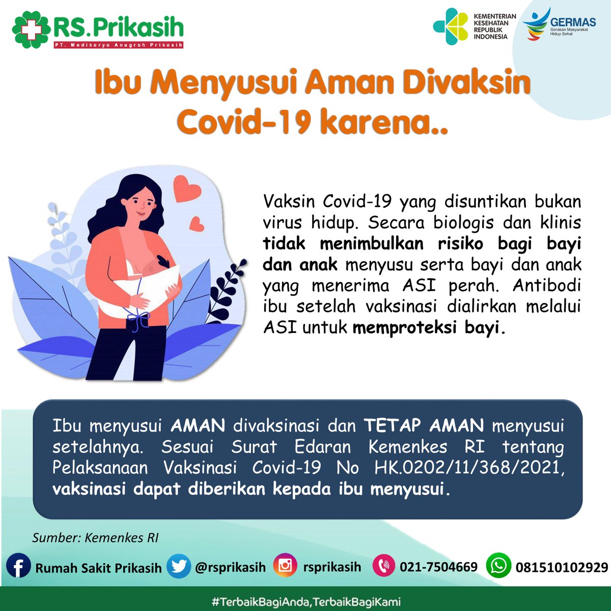 rsprikasih's tweet photo. Selain pada ibu hamil, vaksinasi covid-19 juga sudah bisa diberikan pada ibu menyusi lho Bunda 😊
.
Yuk simak informasinya diatas, tetap semangat mengASIhi ya Bunda 💪🏻
.
Informasi lebih lanjut mengenai RS Prikasih klik link https://t.co/V4QTPRBwga di bio kita ya https://t.co/m22AcFmDFe