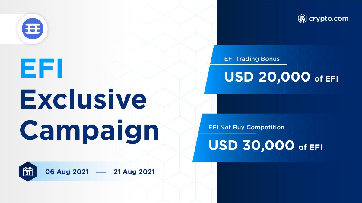 cryptocom's tweet photo. 🔥 The $EFI Exclusive Campaign has kicked off!
💰 USD 50,000 prize pool up for grabs when you trade #EFI in the https://t.co/vCNztATkNg App

⏳Trade before 21 August 2021 to win
Sign up now 👉 https://t.co/AMyCooS7Oo 

ℹ️Details https://t.co/iJhLEvbIsu 
@enjin @efinityio https://t.co/G8h8FxvT7k