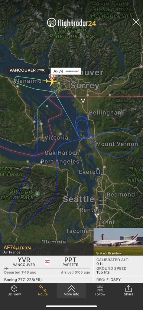 TomPodolec's tweet photo. Update ↩️ DIVERSION RETURN
Air France #AF74 to Papeete returned safely to Vancouver. Reported a hydraulic issue.
Vacated the runway normally. Emergency services will inspect.
https://t.co/wM6Rn0mrKt https://t.co/jUvU8yUAym
