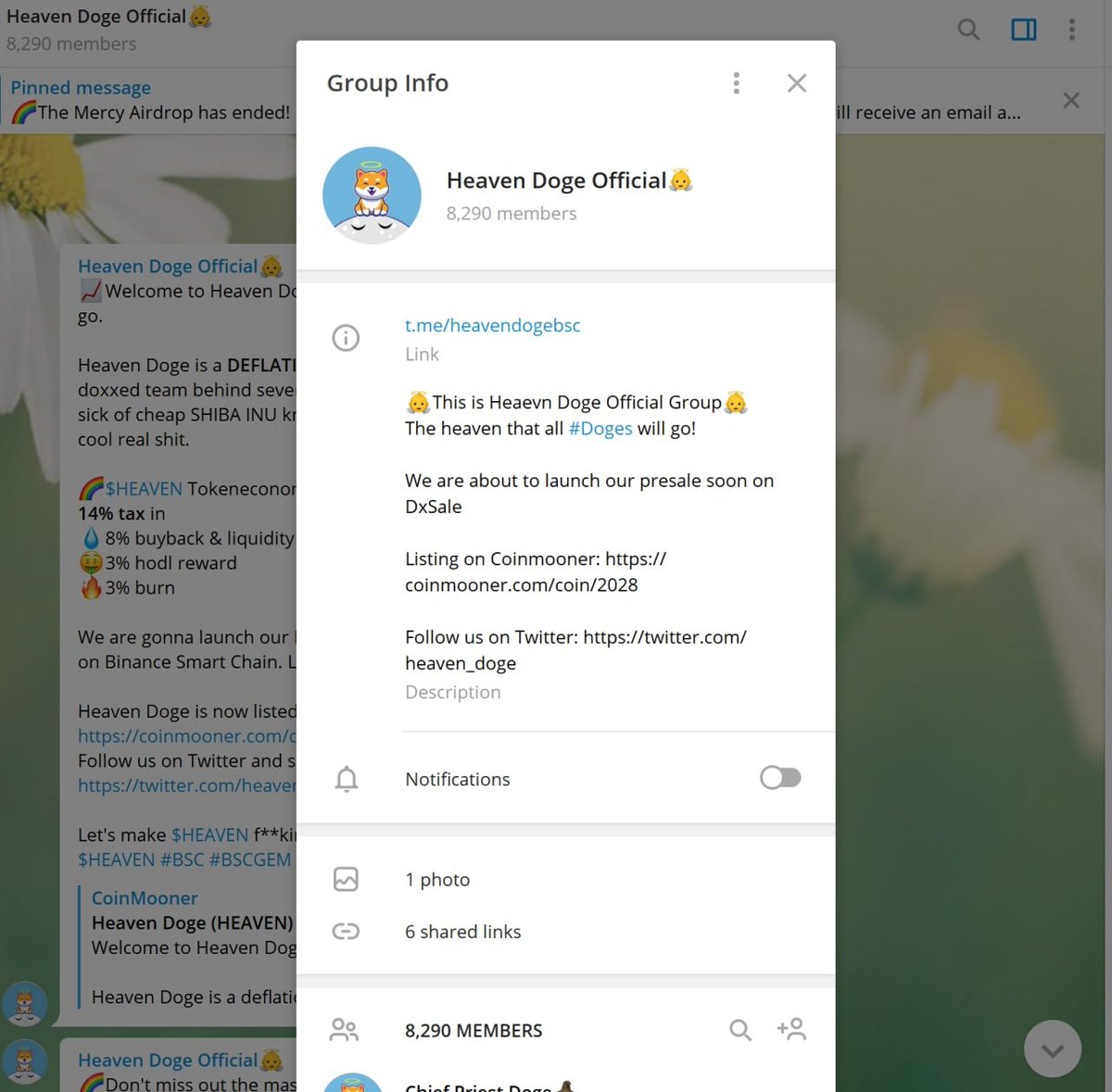 Pls STAY AWAY from this fake group in the pic. The only real Heaven Doge group is: t.me/heavendogeoffi…

And the only real presale link is: dxsale.app/app/v2_9/defip…

Please help us report the fake group and ALWAYS COPY AND PASTE TO PARTICIPATE
