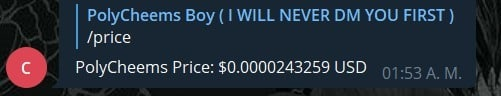 polycheems's tweet photo. This is the first test of our own price bot.
Also this Alpha product qill be delivered to the members of #PolygonShitcoinAlliance #PSA
#Pricebot #Cheems #BUIDL #BSC #Polygon #BabyCake #BabyBitcoin #BabyDoge #Doge #Akita https://t.co/TCR8EjOApB