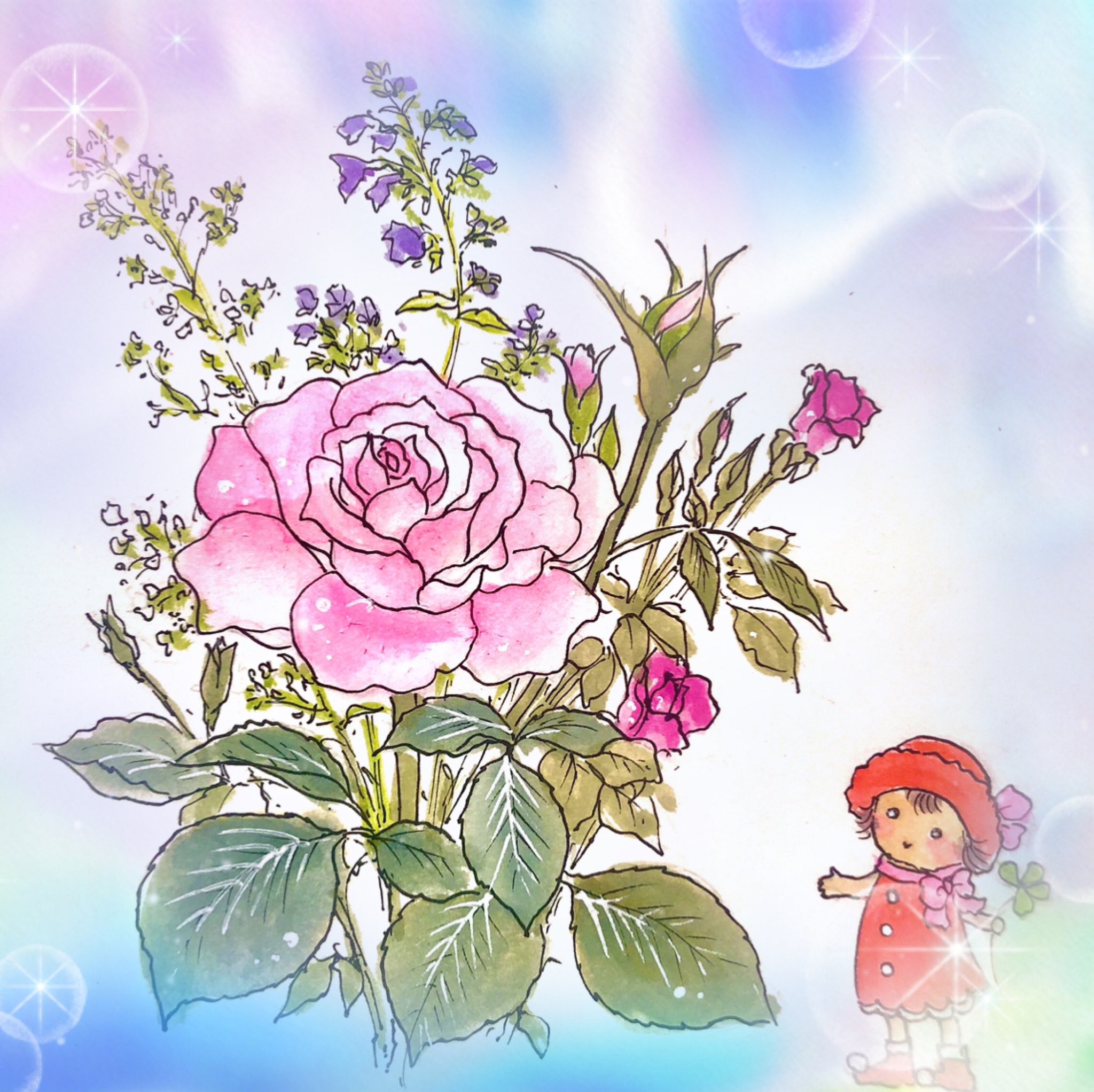 Energy Artist 鳳花 Ouka 昨日頂いた薔薇の花を イラストにしてみました 三原色でピンクは難しい 色鉛筆のが良かったかなぁ アナログイラスト アナログ絵 イラストレーション イラストレーター 赤い小人ちゃんとピンクの薔薇 薔薇の鉢屋さん