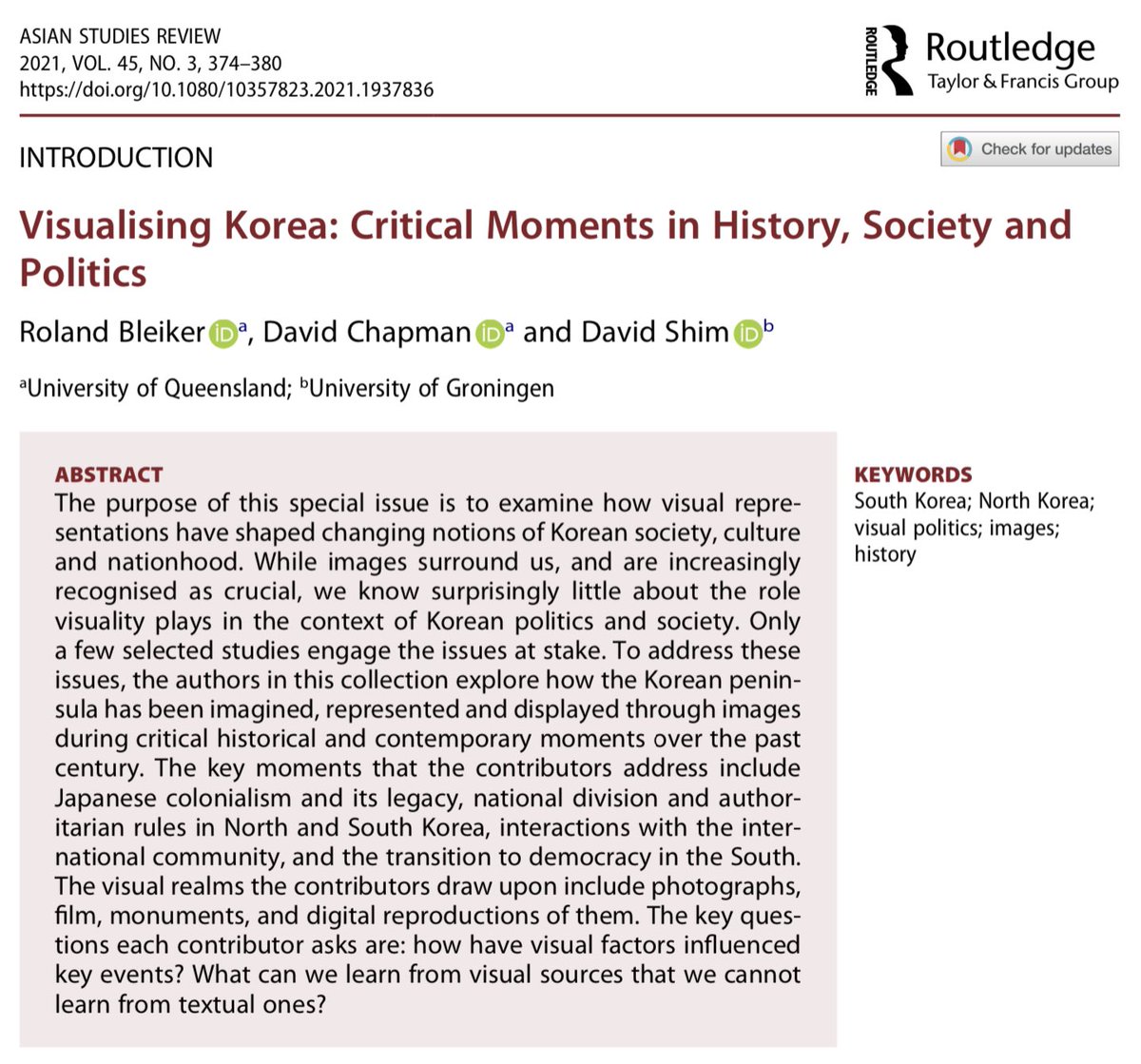 Roland Bleiker (@rbleiker) on Twitter photo Out now online: my co-authored Introduction with David Chapman and David Shim for the <a href="/AsianStudiesRev/">Asian Studies Review</a> special issue we edited on Visualising Korea: Critical Moments in History, Society and Politics. tandfonline.com/doi/full/10.10… Out now online: my co-authored Introduction with David Chapman and David Shim for the <a href="/AsianStudiesRev/">Asian Studies Review</a> special issue we edited on Visualising Korea: Critical Moments in History, Society and Politics. tandfonline.com/doi/full/10.10…