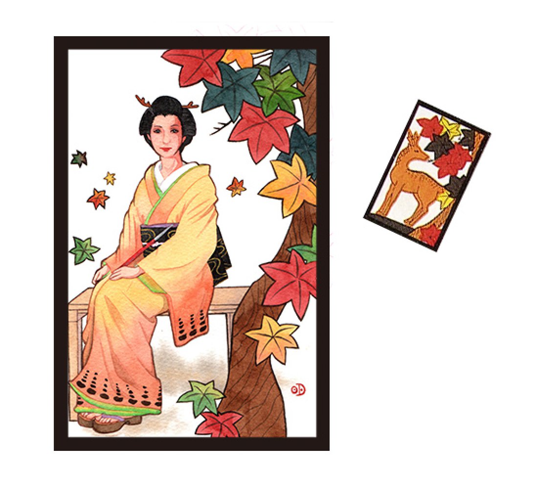 Akiko Takemoto デジタルで描きかけていた美人花札を 水彩で描き直そうシリーズ 10月 紅葉に鹿 鼻が少し気に入らないので 余力があれば描き直すかもしれない ウォーターフォード ウィンザーアンドニュートン 水彩 美人花札 花札 10月 紅葉に鹿