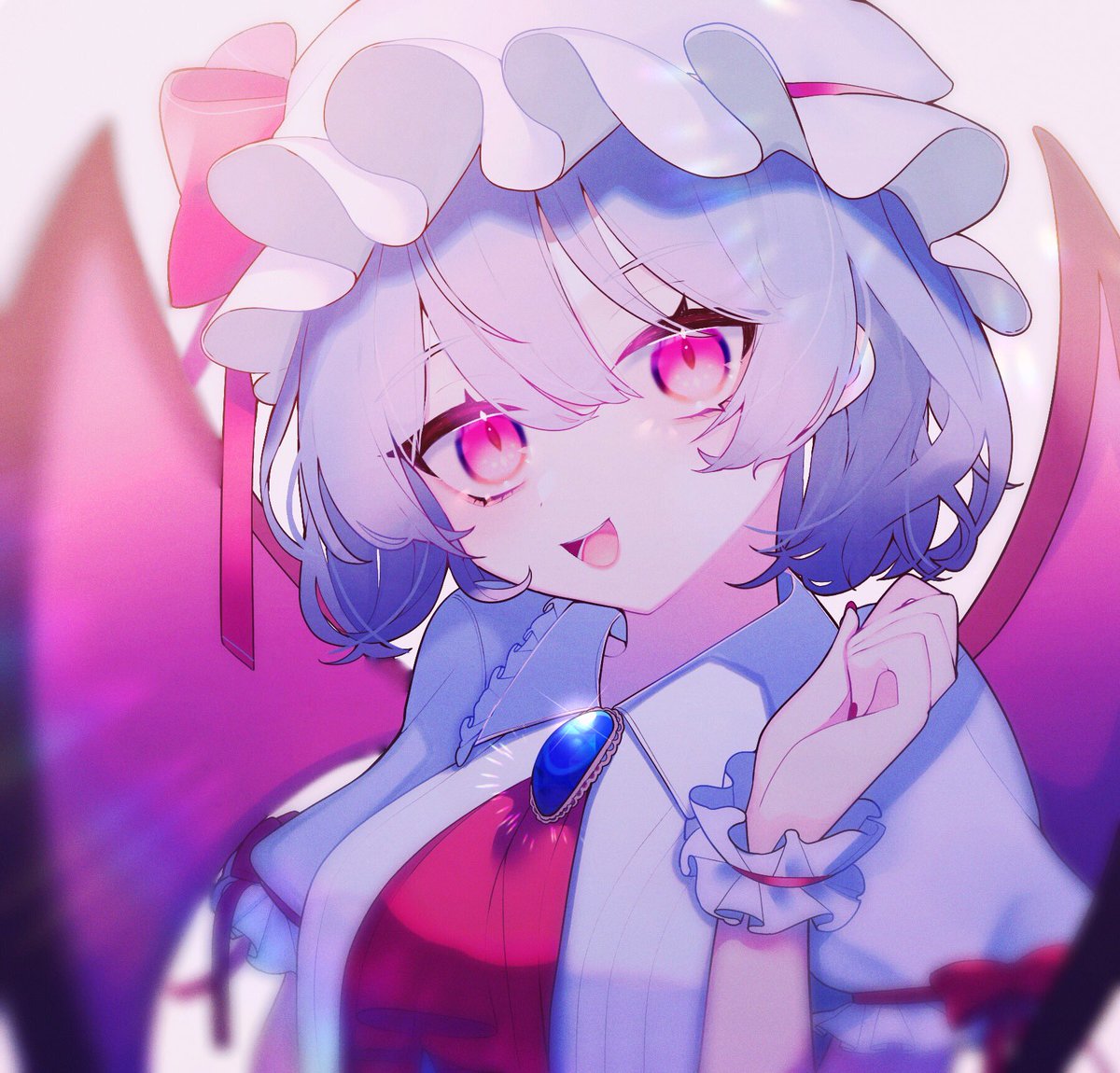 remilia scarlet 1girl solo hat wings mob cap bat wings open mouth  illustration images