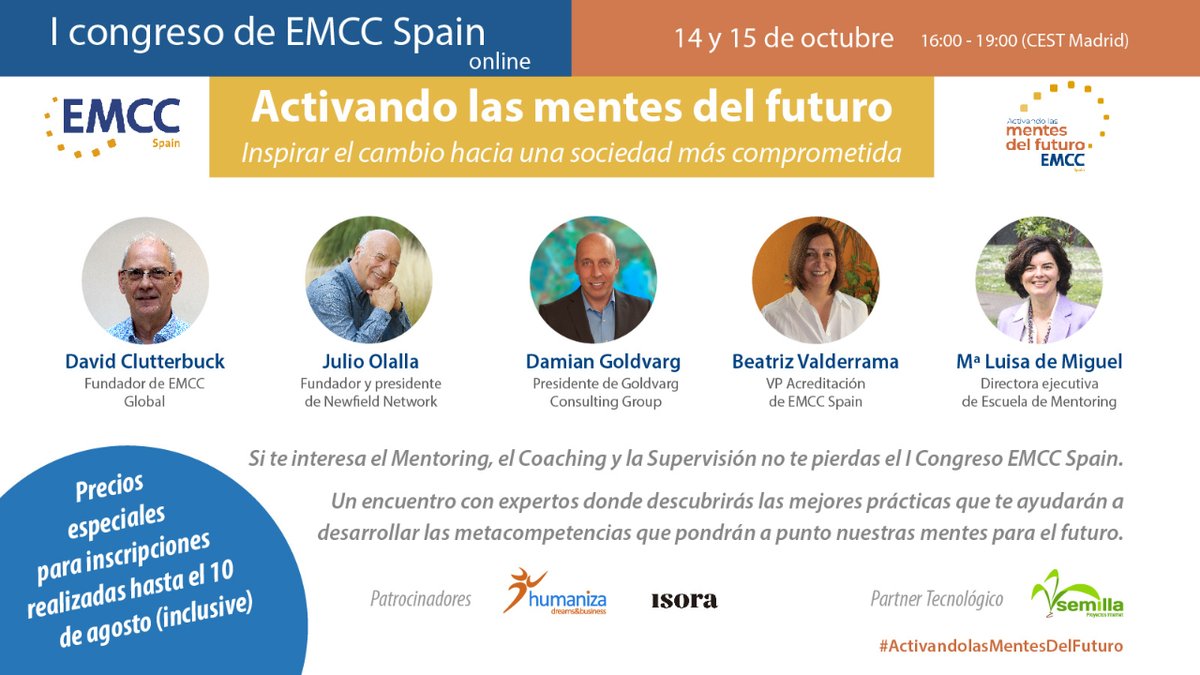 EMCCspain's tweet photo. Pst Pst... ¿No te has enterado?

¡Hasta el 10 de agosto puedes beneficiarte de precios especiales para asistir a nuestro I Congreso #ActivandolasMentesdelFuturo!

Regístrate para saber cómo enfrentarte a los desafíos que se presentan hoy en día https://t.co/pifaFuEvcp https://t.co/0rJbMTeRJR