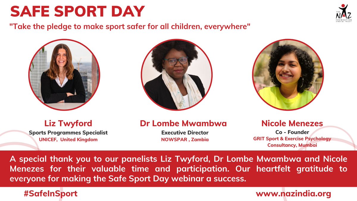 Naz_Foundation's tweet photo. We, at Naz would like to thank our panelists, Liz Twyford, Dr. Lombe Mwambwa & Nicole Menezes for a thought-provoking discussion on #Safeguarding #ChildrenInSport.
#SafeSportDay https://t.co/ai3O2Kt7ZA