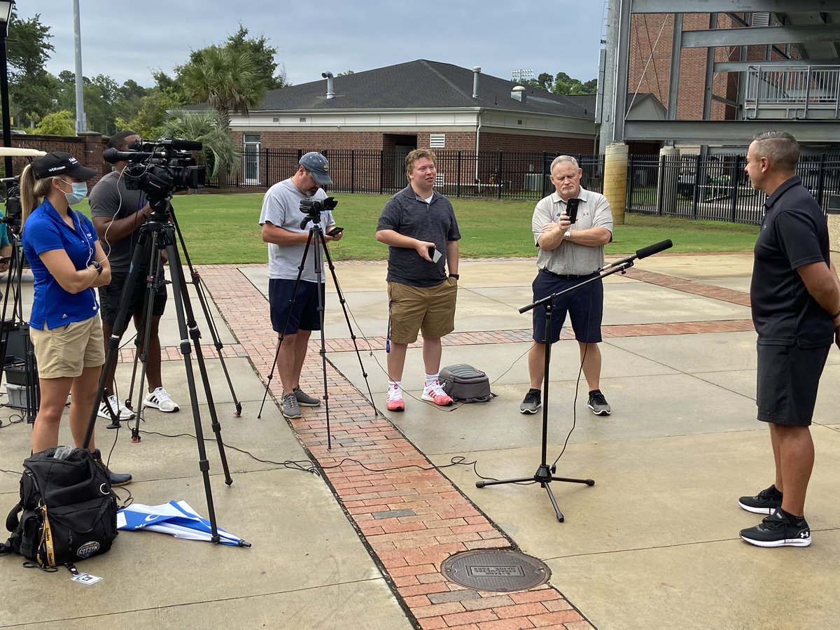 CoastalWSoccer's tweet photo. Senior leader Loranna Austin (@loranna_austin) and head coach Paul Hogan (@PHogan_CCUWSocr) talk to the media today prior to the start of their exhibition season this weekend at NC State. #TEALNATION https://t.co/1LyaL6YCnJ