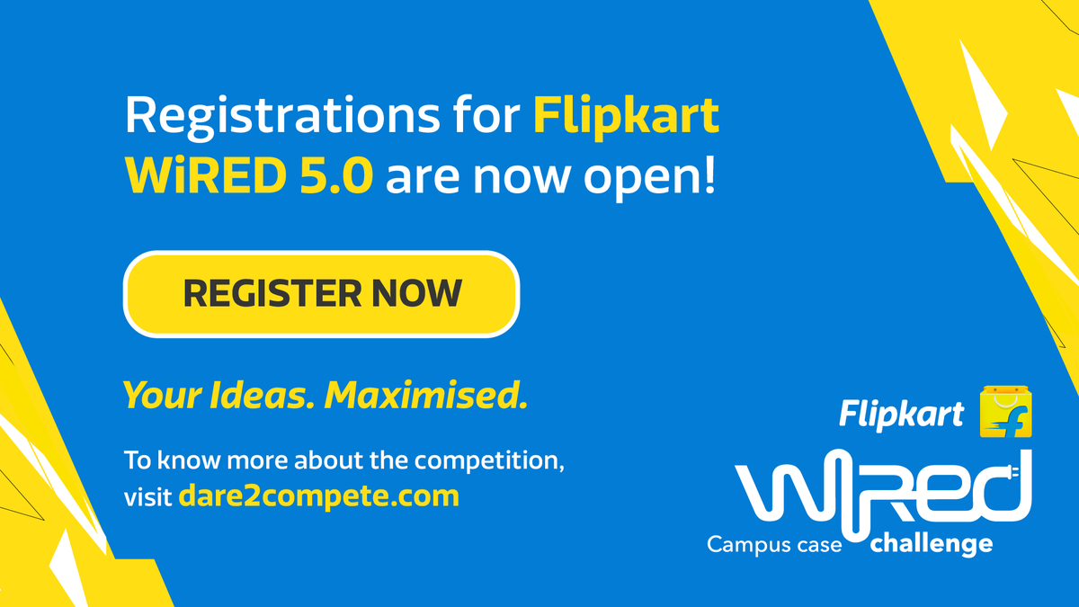 WorkAtFlipkart's tweet photo. Secure your spot in #FlipkartWired 5.0 - registrations are now open! #LetsGetWired: https://t.co/kDKtK3Oewg
This year, WiRED is open to ALL B-Schools in India.
#TogetherWeDareToMaximise #WeAreMaximisers #IdeasMaximised #bschools #casestudy #competitions #placements https://t.co/cxRECS3lVQ