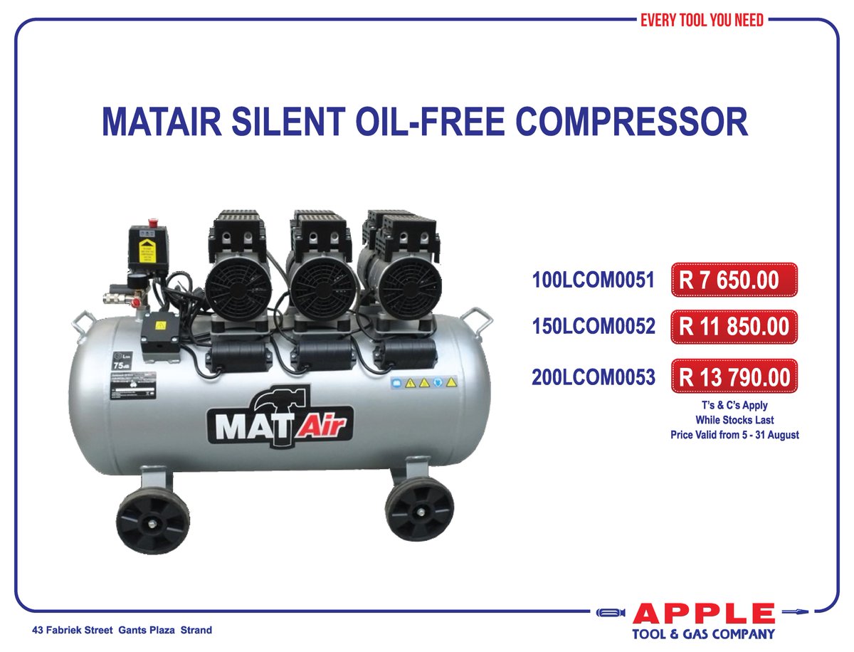 AppleGas's tweet image. Don't miss out on these great specials on Matair silent oil-free compressors! 
Visit us as soon as you can, you don't want to miss out!
43 Fabriek St, Gants Plaza, Strand.
T's &amp;amp; C's Apply | While Stock last | Valid from 5 August - 31 August.