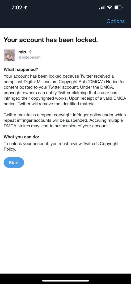 ขอเล่าประสบการณ์ระทึกขวัญหน่อยนะคะ เมื่อกี้เปิดทวิตมาแล้วเจอหน้างี้ มันบอกว่าเราละเมิดลิขสิทธิ์อะไรซักอย่าง เลยเอาชื่อแอคไปเสิร์จ+ทำตามวิธีข้างล่าง(เดี๋ยวแปะให้)