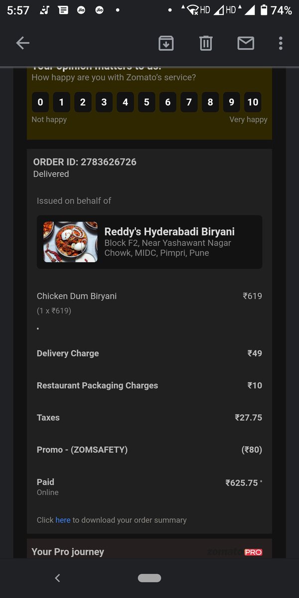 Shriramramane's tweet photo. @zomato @ZomatoProHelp received different bill on Zomato pro and of hotel with order. in the image it's seen that the hotel already gave 64 rs discount on bill. but it's no where mentioned in zomatos bill. care executive told on call that hotel sent you wrong bill. plz be aware. https://t.co/gpPAhdsLwY