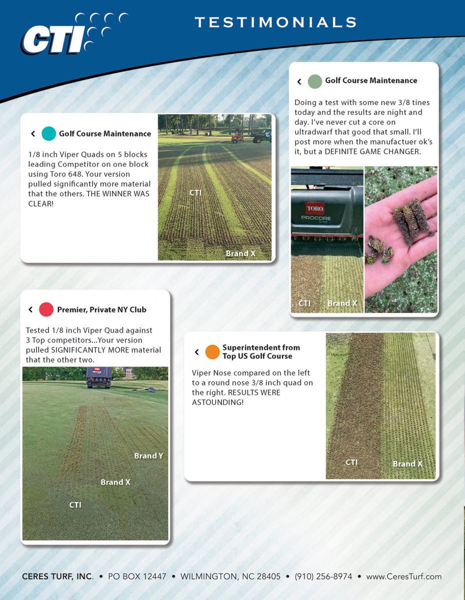 CeresTurf_Inc's tweet photo. We invite anyone to run a side-by-side 'test' of our Vipers with any comparable 'round nose' Quad. All we ask is that it is a 'fair' test, using the same lengths and ID's; and running at the speed stipulated. Here are what some of top golf courses found! 
https://t.co/LtnHOv7vX6 https://t.co/i4MtHbLvfP