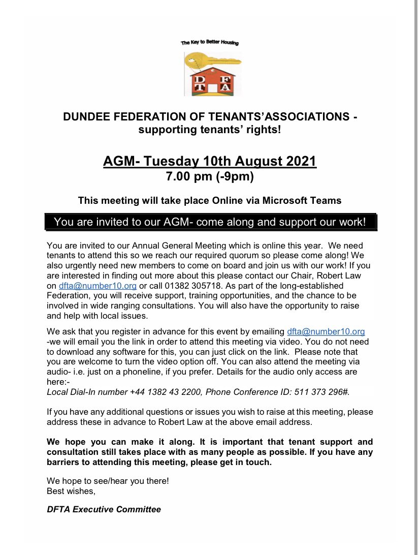 tenants10's tweet photo. Happy Friday everyone. We are holding our AGM virtually next Tuesday evening. We hope to see some new faces along! We really need Dundee Council tenants to attend this and to join our work to support tenants. Get in touch! https://t.co/FBuiGhJZxk