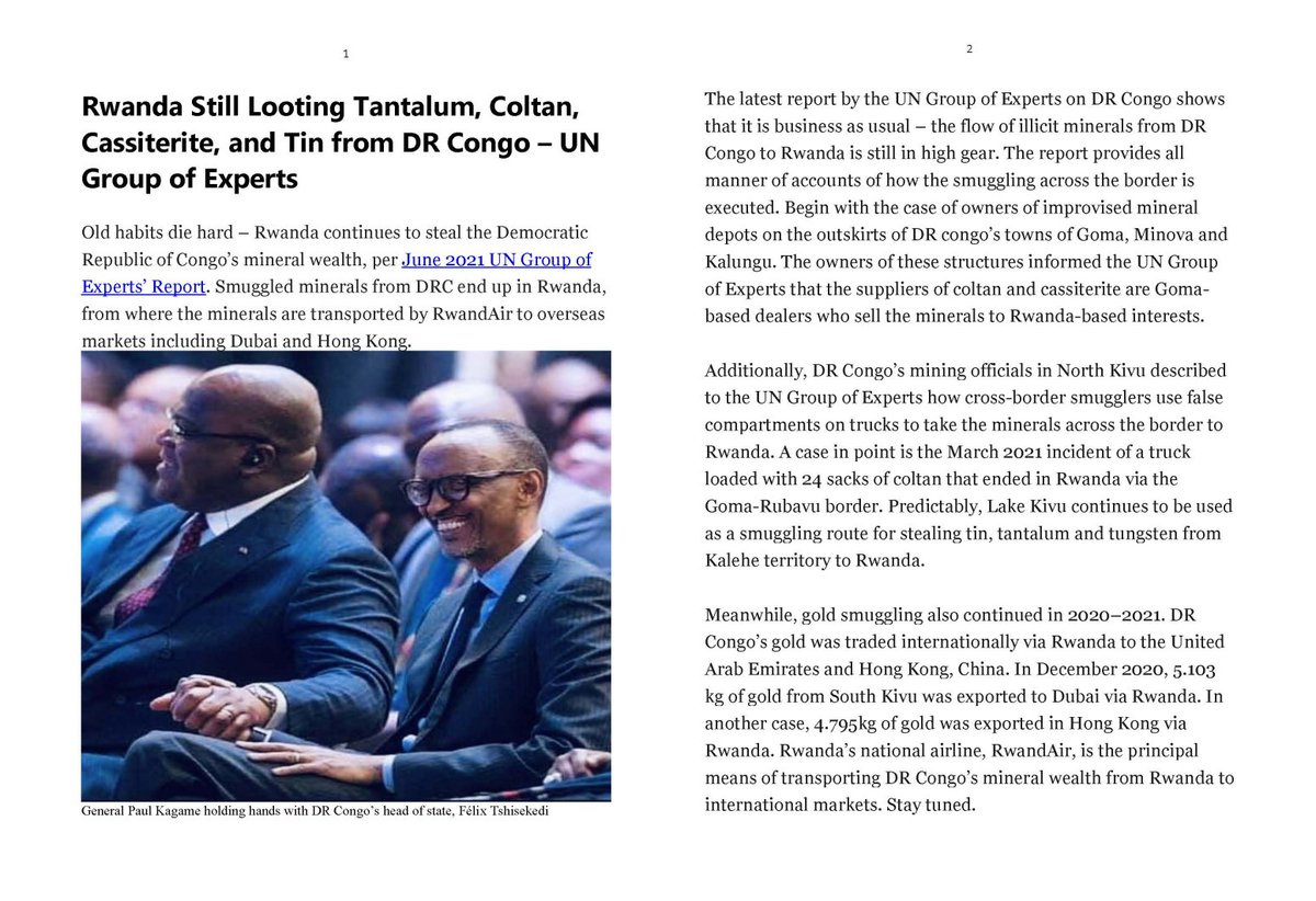 #Rwanda dictator #PaulKagame Still Looting Tantalum, Coltan, Cassiterite, and Tin from DR Congo – UN Group of Experts

medium.com/@david.himbara…

<a href="/business/">Bloomberg</a> <a href="/FT/">Financial Times</a> <a href="/CNNBusiness/">CNN Business</a> <a href="/richardquest/">Richardquest</a> <a href="/The_EastAfrican/">The EastAfrican</a> <a href="/FoxBusiness/">FOX Business</a> <a href="/BBCBusiness/">BBC Business</a> <a href="/cnbcafrica/">CNBC Africa</a> <a href="/WorldBankAfrica/">World Bank Africa</a> <a href="/IMFNews/">IMF</a>