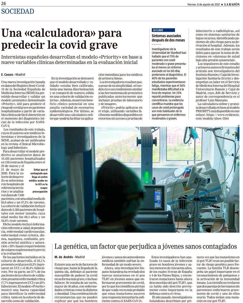 🔢'Una «calculadora» española para predecir la COVID grave. #Internistas desarrollan el modelo «PRIORITY» en base a 9 variables clínicas'
📰<a href="/Larazon_es/">La Razón</a> se hace eco hoy con este reportaje de página completa en papel de #PRIORITY 
🗞️cutt.ly/GQm6oZ4
💻cutt.ly/rQm6kRB